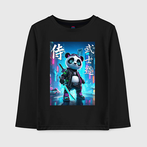 Детский лонгслив Panda samurai - bushido ai art / Черный – фото 1