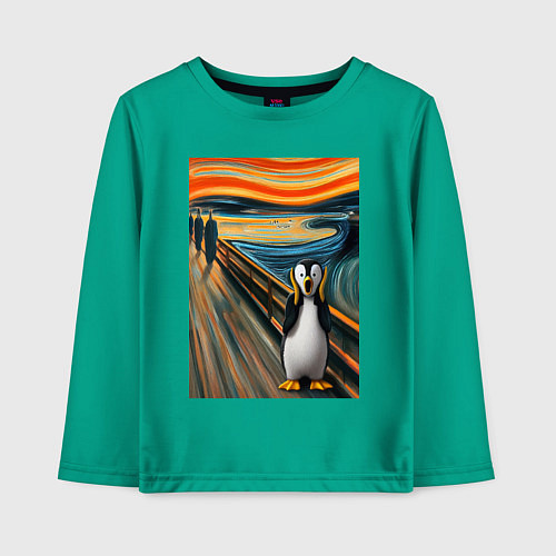 Детский лонгслив Пингвин кричит - мем картина Мунка ai art / Зеленый – фото 1