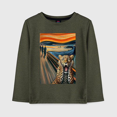Детский лонгслив Леопард кричит - мем картина от нейросети / Меланж-хаки – фото 1