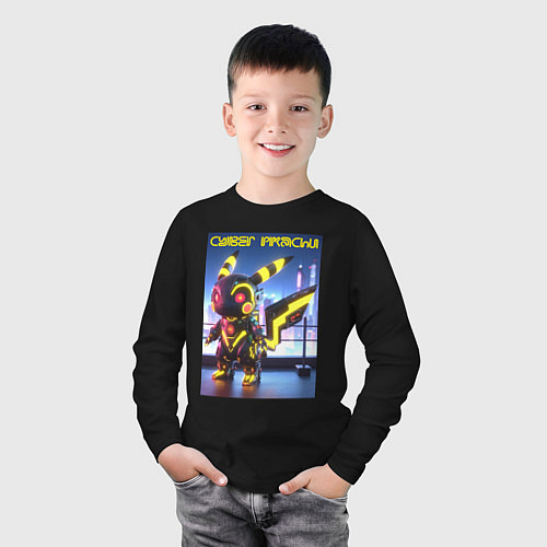 Детский лонгслив Cyber pikachu - ai art neon glow fantasy / Черный – фото 3