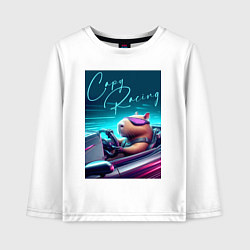 Лонгслив хлопковый детский Капибара гонщик - нейросеть, цвет: белый