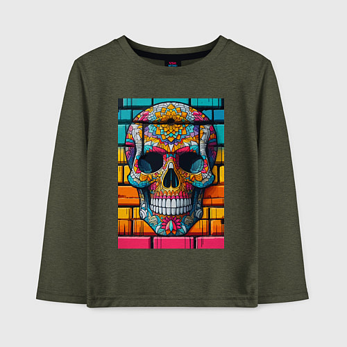 Детский лонгслив Череп - граффити от нейросети / Меланж-хаки – фото 1