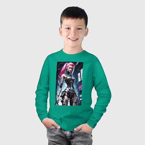 Детский лонгслив Cyber Barbie from future - ai art fantasy / Зеленый – фото 3