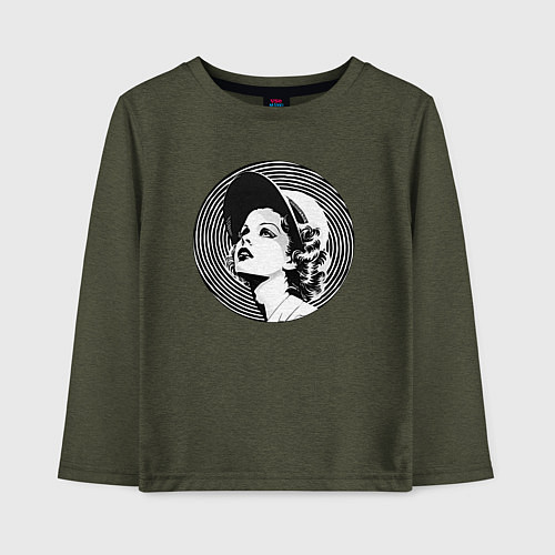 Детский лонгслив Ретро -лицо девушки шестидесятых / Меланж-хаки – фото 1