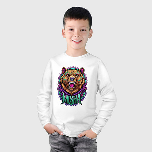 Детский лонгслив Свирепый медведь с надписью / Белый – фото 3