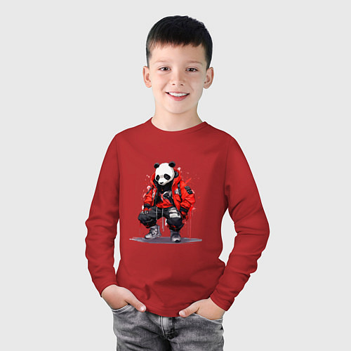 Детский лонгслив Модная панда в красной куртке / Красный – фото 3