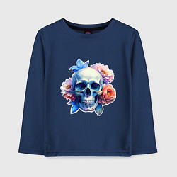 Лонгслив хлопковый детский Акварельный череп в цветах, цвет: тёмно-синий