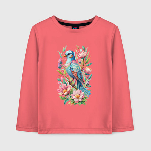 Детский лонгслив Красивая голубая птица среди цветов / Коралловый – фото 1
