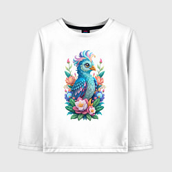 Лонгслив хлопковый детский Голубая птица среди цветов, цвет: белый
