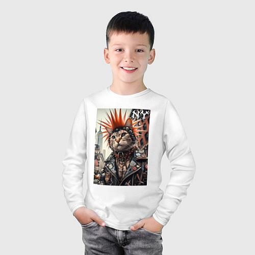Детский лонгслив Котяра панк из Нью-Йорка - нейросеть / Белый – фото 3