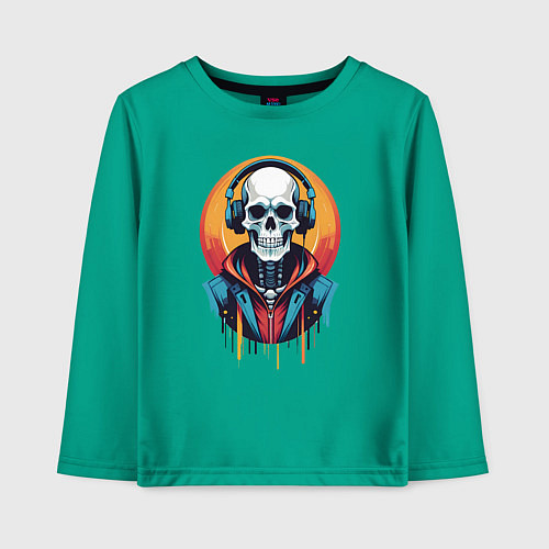 Детский лонгслив Скелет в наушниках / Зеленый – фото 1