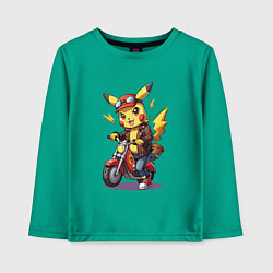 Лонгслив хлопковый детский Пикачу на красном мотоцикле, цвет: зеленый