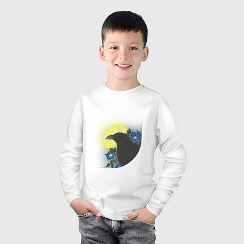Детский лонгслив Чёрный ворон на ветке под луной / Белый – фото 3