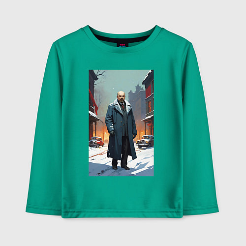 Детский лонгслив Ленин зимой без охраны - нейросеть / Зеленый – фото 1