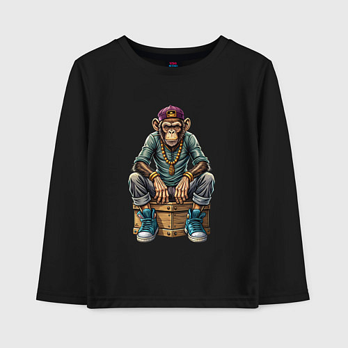 Детский лонгслив Обезьяна в хип-хоп стиле сидит на ящике / Черный – фото 1