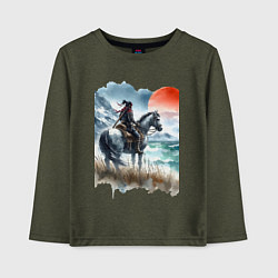 Лонгслив хлопковый детский Японский самурай на коне - нейросеть, цвет: меланж-хаки