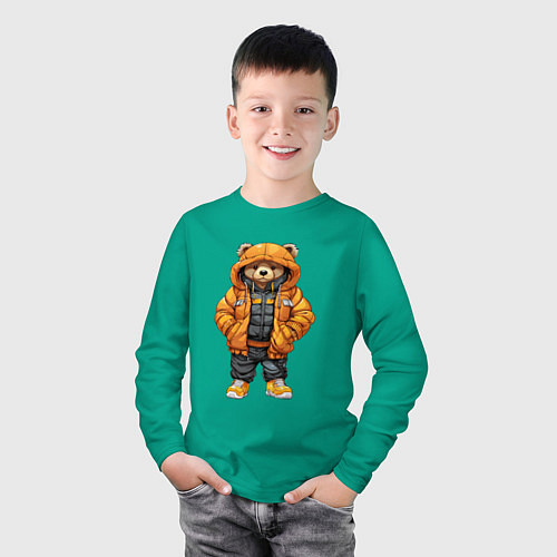 Детский лонгслив Медведь в тёплой куртке / Зеленый – фото 3