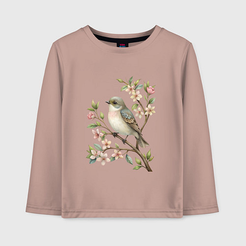 Детский лонгслив Маленькая птичка на ветке с цветами / Пыльно-розовый – фото 1