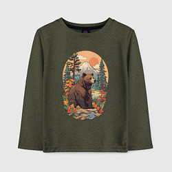 Лонгслив хлопковый детский Медведь в лесу на фоне гор, цвет: меланж-хаки