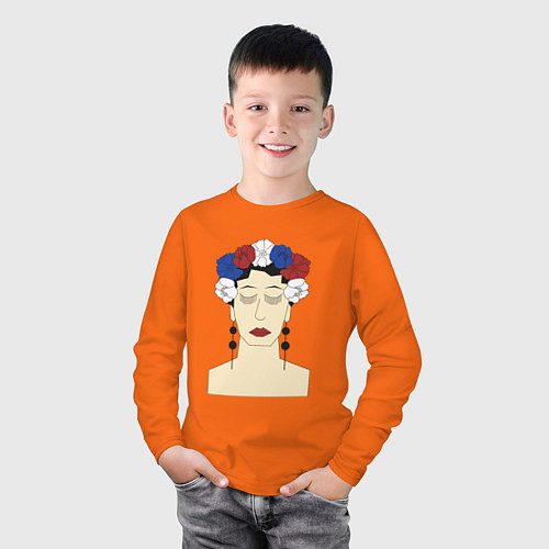 Детский лонгслив Женский портрет: девушка в венке триколор / Оранжевый – фото 3