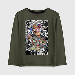 Лонгслив хлопковый детский Ван-Пис Луффи коллаж, цвет: меланж-хаки