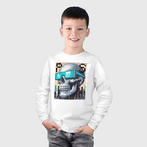 Детский лонгслив Pixel skull - ai art fantasy / Белый – фото 3