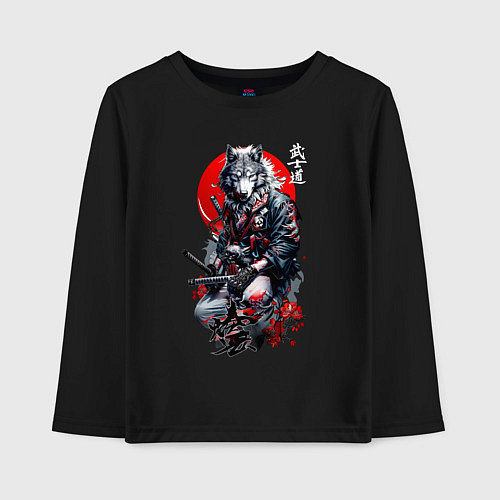 Детский лонгслив Волк самурай - гравюра / Черный – фото 1