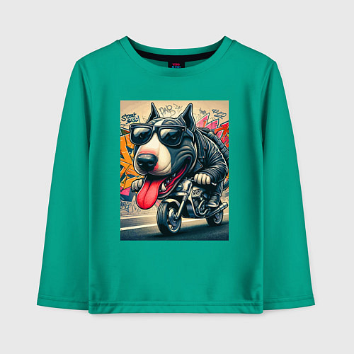 Детский лонгслив Бультерьер управляет мотоциклом - граффити / Зеленый – фото 1