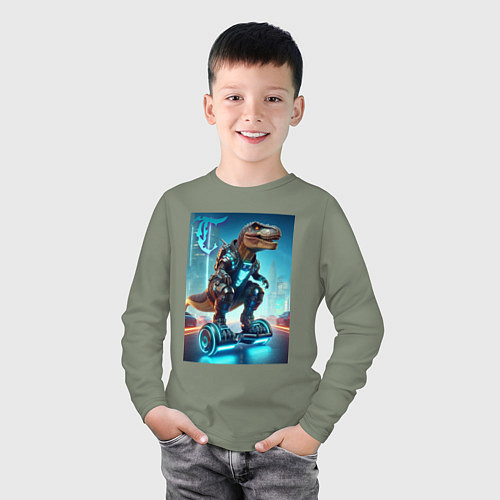 Детский лонгслив Cyber tyrannosaur on a hoverboard - neon glow fant / Авокадо – фото 3