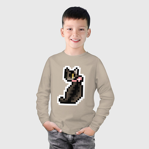 Детский лонгслив Милая пиксельная кошка с розовым ошейником / Миндальный – фото 3