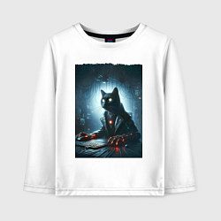 Лонгслив хлопковый детский Кибер кот за компьютером - неоновое свечение, цвет: белый
