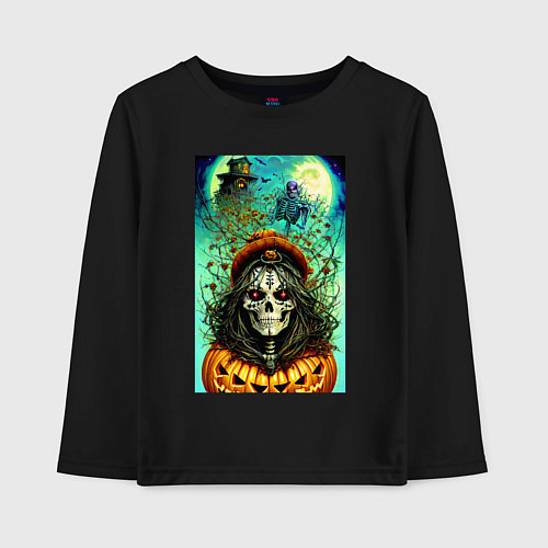 Детский лонгслив Скелет ведьмы - хэллоуин / Черный – фото 1
