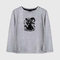 Лонгслив хлопковый детский Черный кот в шляпе ведьмы тату, цвет: меланж