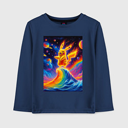 Лонгслив хлопковый детский Огненный Пикачу на волне - нейроарт фантазия, цвет: тёмно-синий
