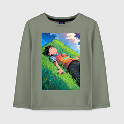 Лонгслив хлопковый детский Аниме мальчик на траве, цвет: авокадо
