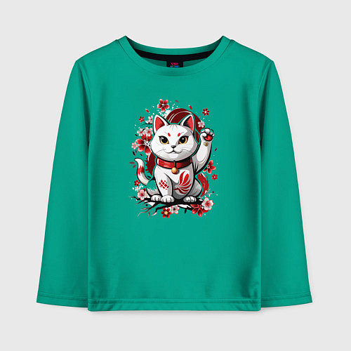 Детский лонгслив Манеки Неко, белая кошка удачи / Зеленый – фото 1