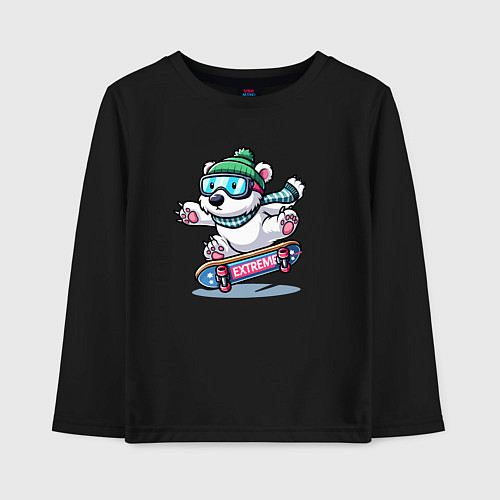 Детский лонгслив Полярный медвежонок крутой скейтбордист - нейроарт / Черный – фото 1