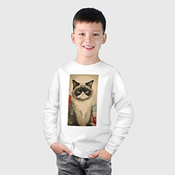 Лонгслив хлопковый детский Мемный кот - японский стиль, цвет: белый — фото 2