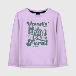 Лонгслив хлопковый детский Управляю дикими детьми - енот на динозавре, цвет: лаванда