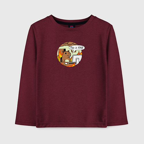 Детский лонгслив Капибара за компьютером мем все в порядке / Меланж-бордовый – фото 1