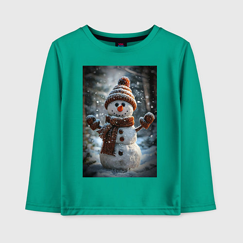 Детский лонгслив Снеговик в шапке и шарфе / Зеленый – фото 1