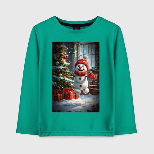 Детский лонгслив Веселый снеговик / Зеленый – фото 1