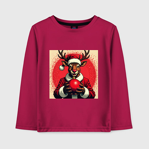 Детский лонгслив Рождественский олень Рудольф в шапке Санты / Маджента – фото 1