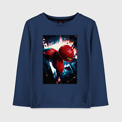 Лонгслив хлопковый детский Человек паук над ночным городом, цвет: тёмно-синий
