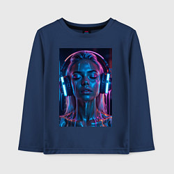 Лонгслив хлопковый детский Девушка с наушниками в неоне, цвет: тёмно-синий