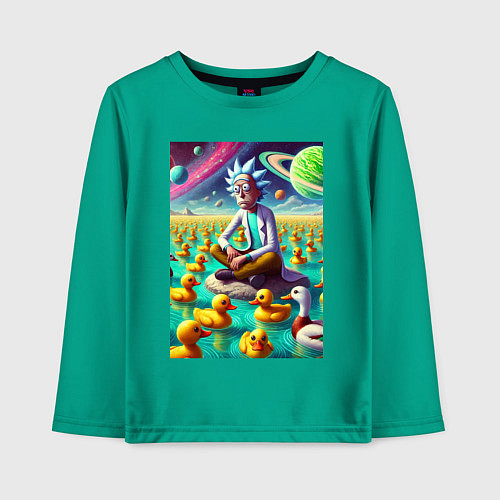Детский лонгслив Рик Санчес медитирует на утиной планете - нейроарт / Зеленый – фото 1