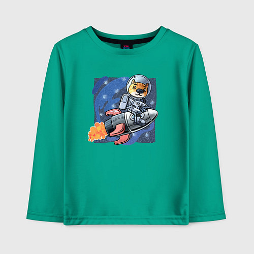 Детский лонгслив Котик-космонавт летит на ракете / Зеленый – фото 1