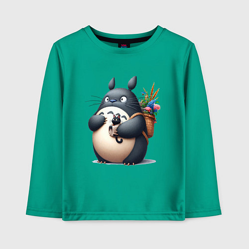 Детский лонгслив Totoro and black cat - anime / Зеленый – фото 1