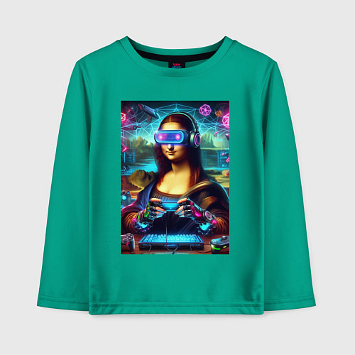 Детский лонгслив Mona Lisa is an avid gamer - cyberpunk / Зеленый – фото 1
