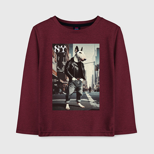 Детский лонгслив Dude bull terrier is a New Yorker / Меланж-бордовый – фото 1